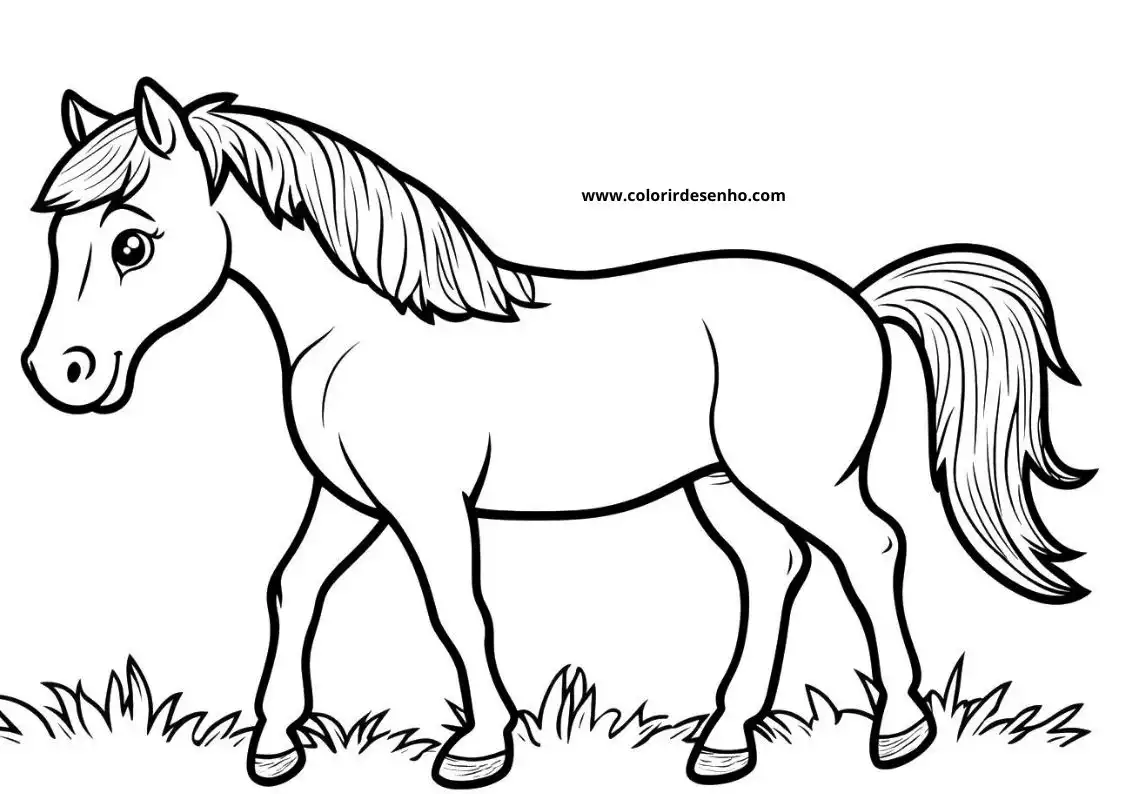 horse standing in grassy area with mane flowing down its back