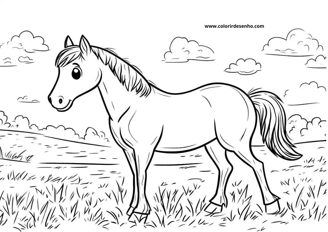 horse standing in grassy field under cloudy sky