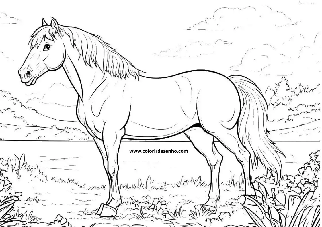 horse standing in grassy field with clouds in the sky