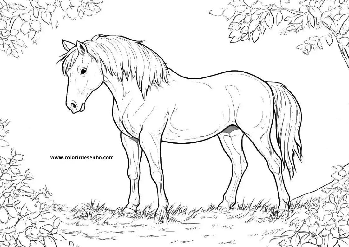 horse standing in grassy field with trees and bushes behind it