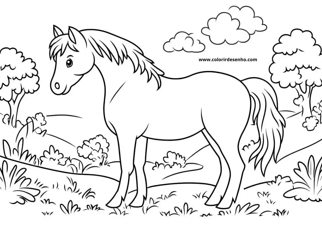 horse standing in meadow with clouds above
