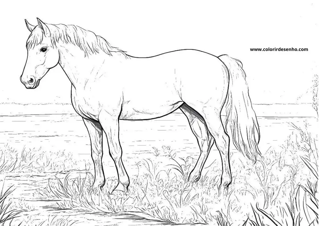 horse standing in tall grass near water