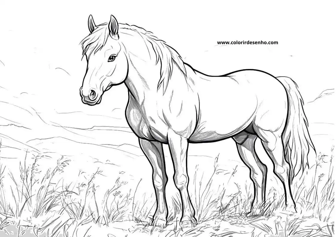 horse standing in tall grass with mane flowing down its neck