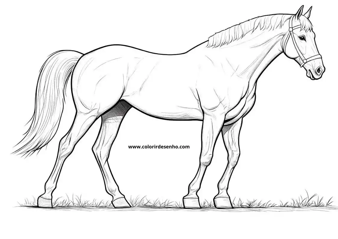 horse standing on grass with tail flowing
