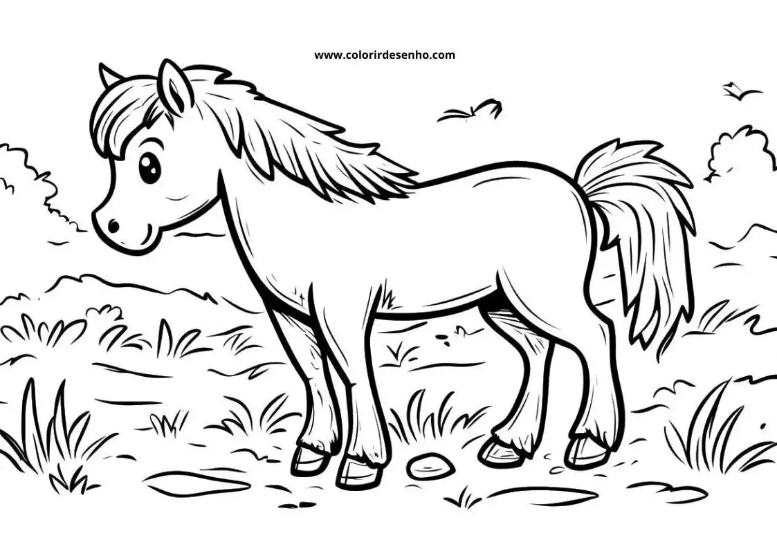 horse standing on grassy terrain with tail swaying