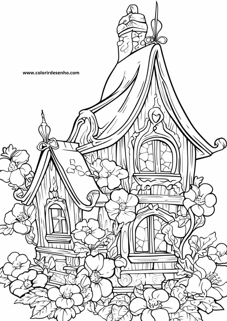 house adorned with flowers and ribbons stands in a garden setting