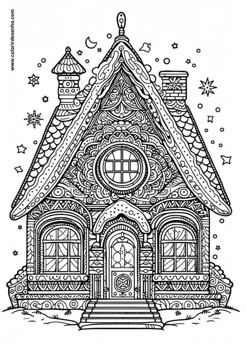 house adorned with intricate patterns and snowflakes on its roof