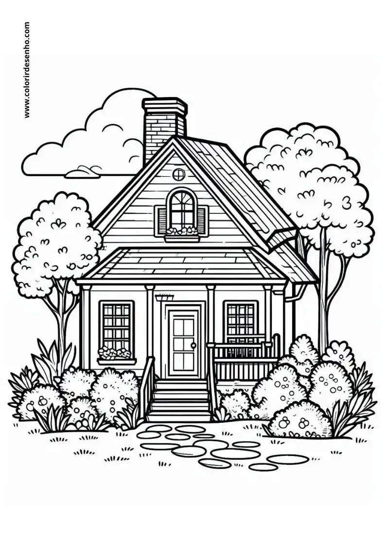house has a chimney and windows house is surrounded by trees and bushes