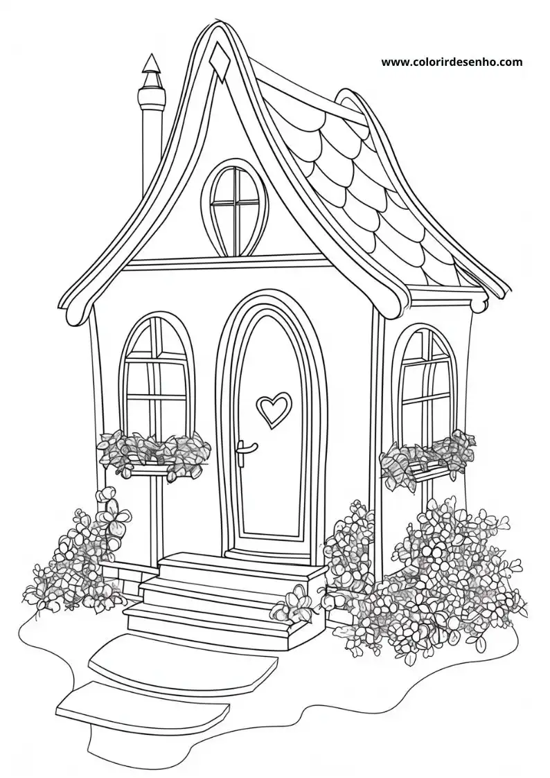 house has a heart shaped door and flower boxes
