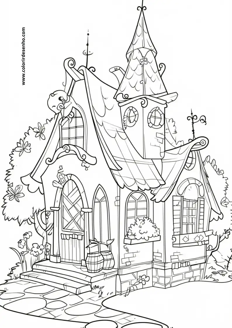house has a pointed roof and a clock tower house is surrounded by trees