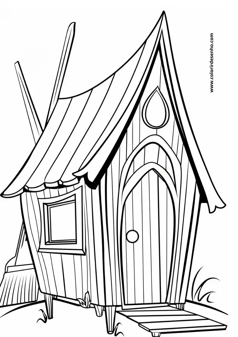 house has a pointed roof and arched door