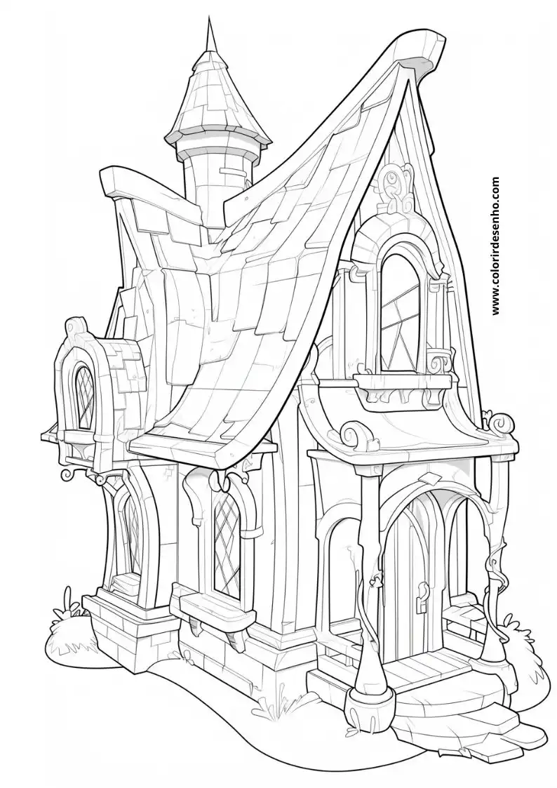house has a pointed roof with a small tower house stands on a stone