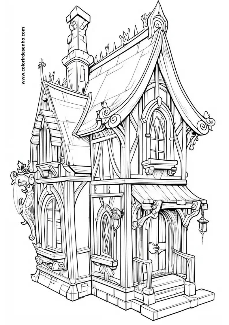 house has a pointed roof with decorative elements house has a chimney and lanterns