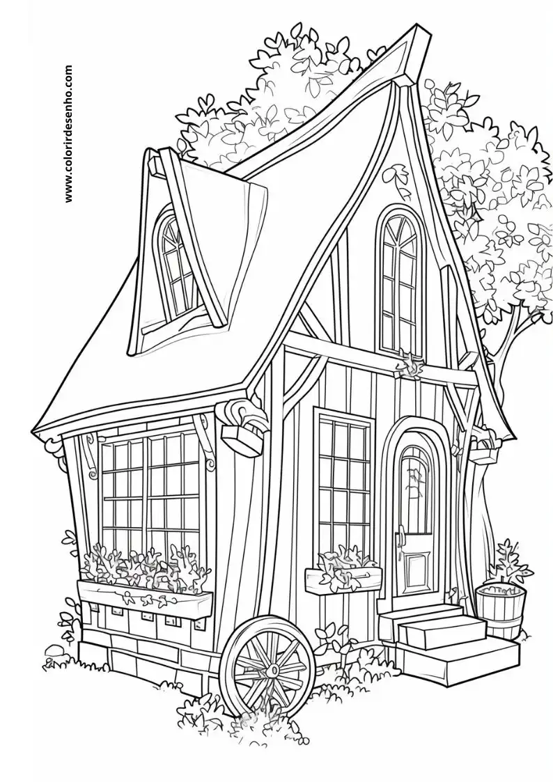 house has a quaint attic window and a charming front door surrounded by potted