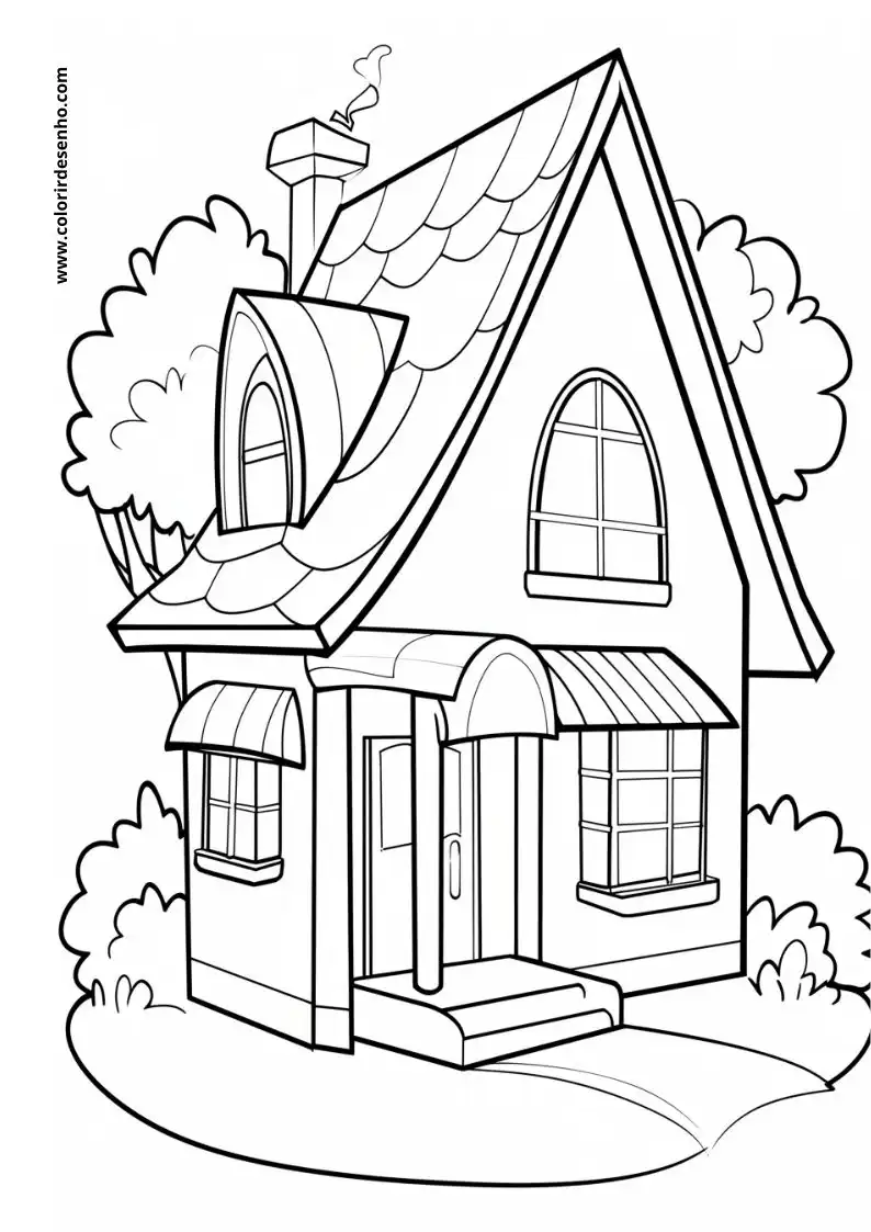 house has a quaint cottage like appearance with a triangular roof and chimney surrounded