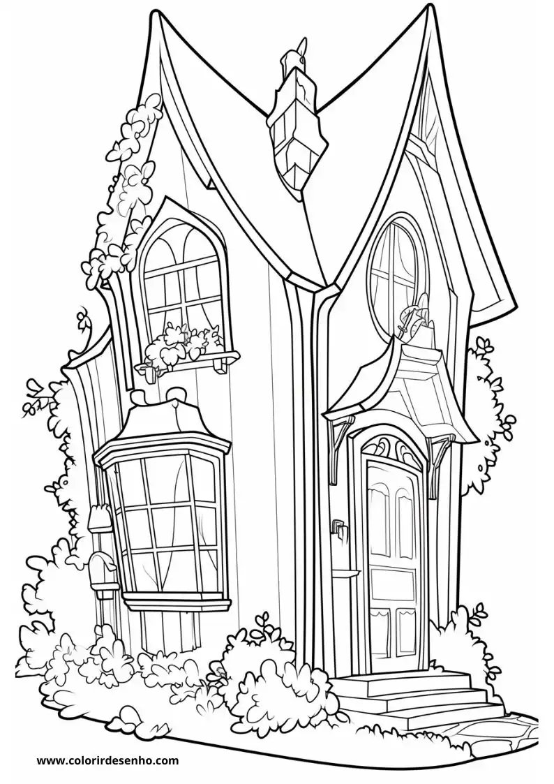 house has a quaint cottage like house with tall windows and a chimney surrounded