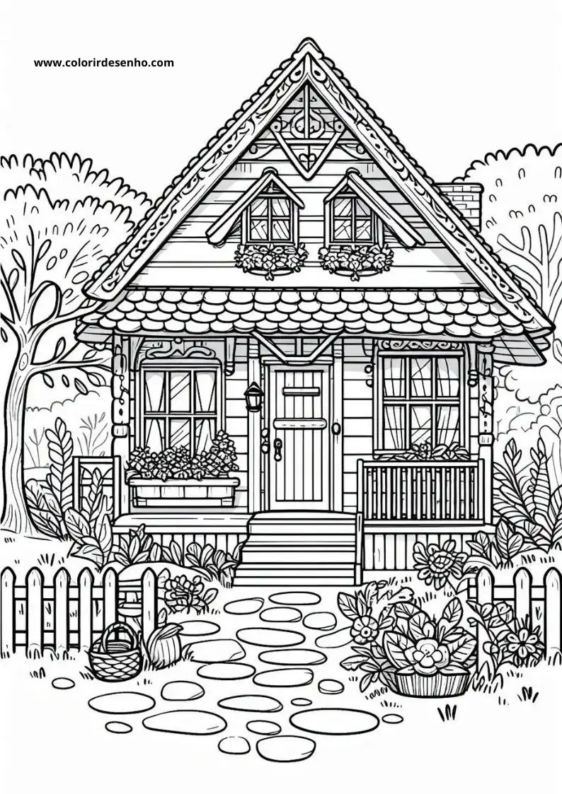 house has a quaint cottage style design surrounded by a garden with flowers