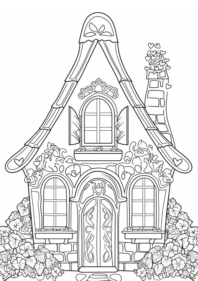 house has a quaint gingerbread house design with heart decorations and ivy growing