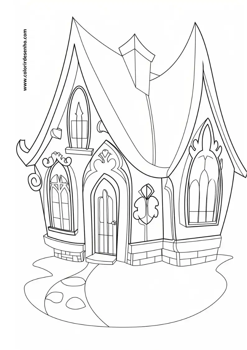 house has a quaint whimsical design with pointed roofs and decorative windows