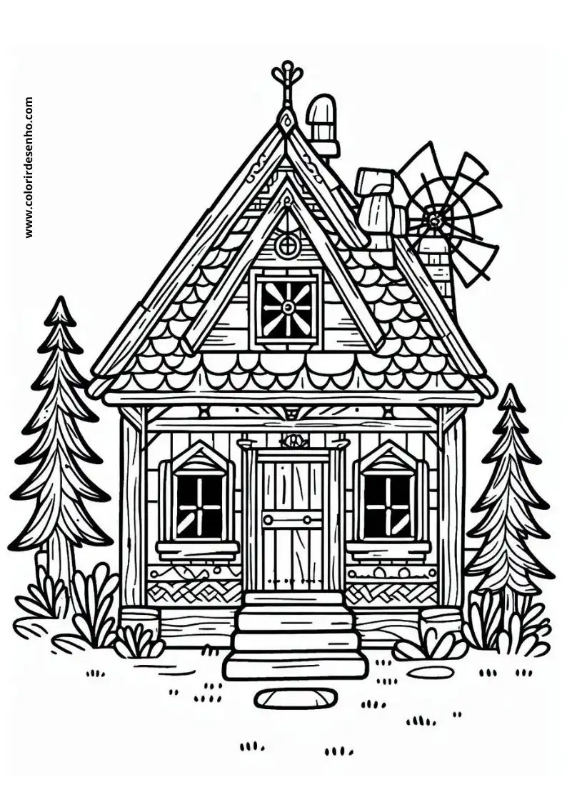 house has a quaint wooden cabin with a windmill on top and pine trees