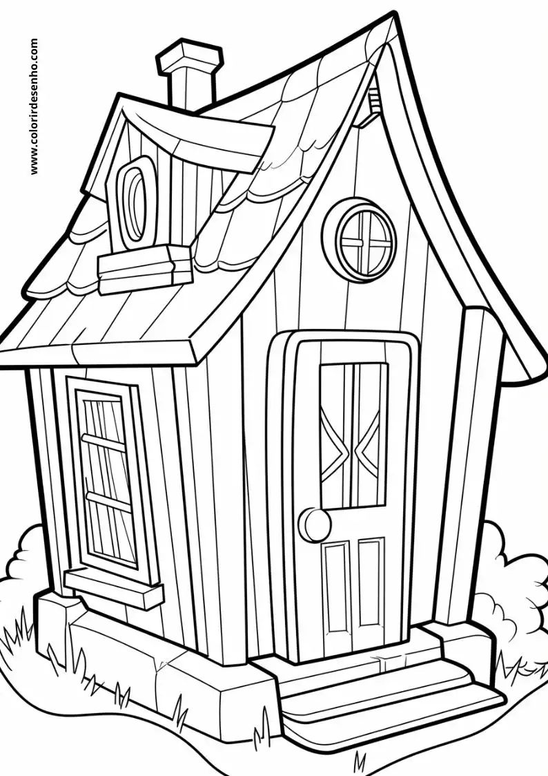 house has a small door and window house has a chimney on top