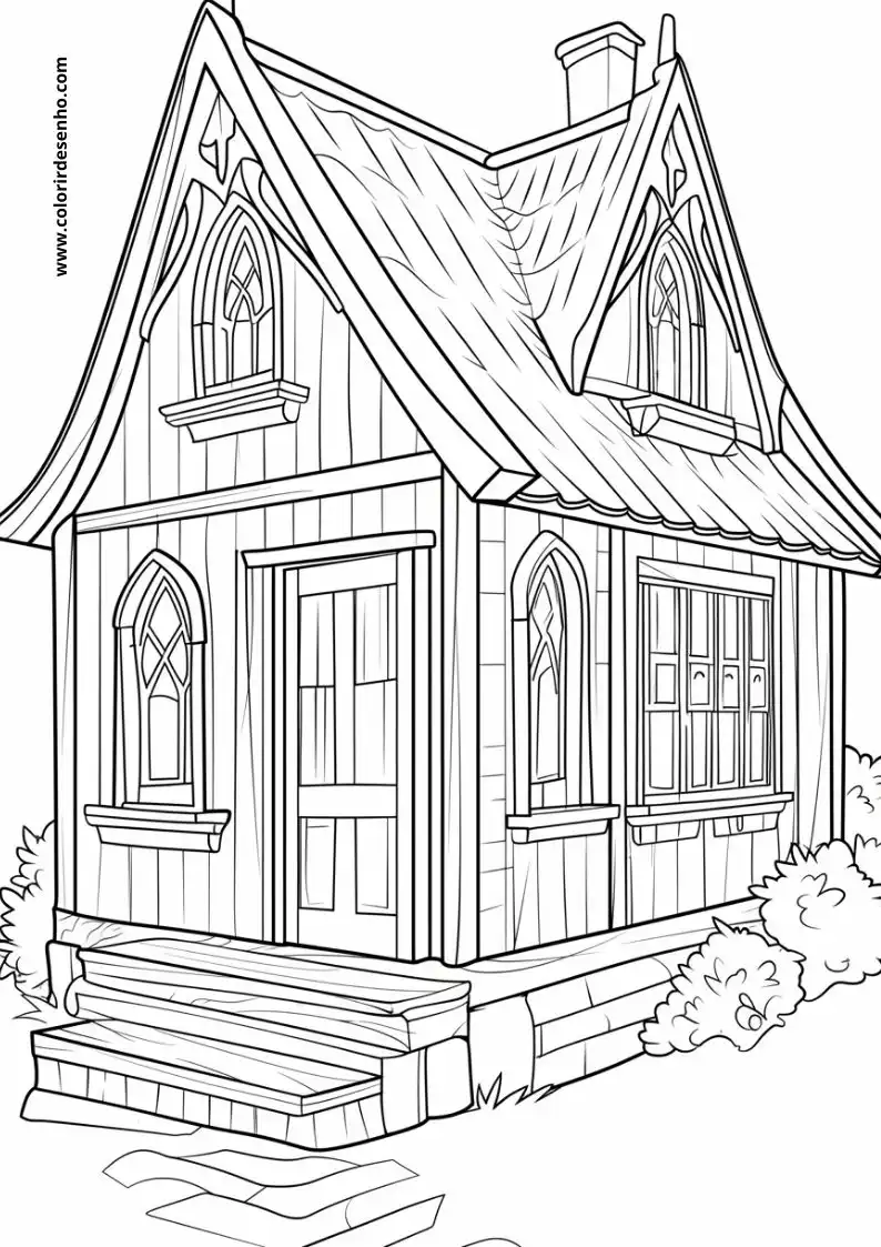 house has a steep roof and arched windows house stands alone in a garden