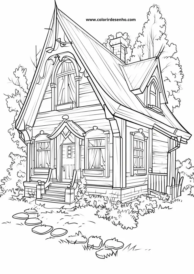 house has a steep roof and dormer windows house sits on a stone foundation