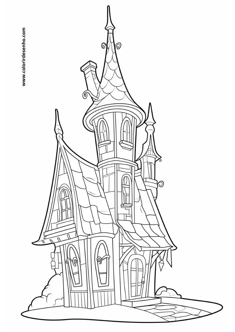 house has a tall spire and turrets house stands on a stone base house