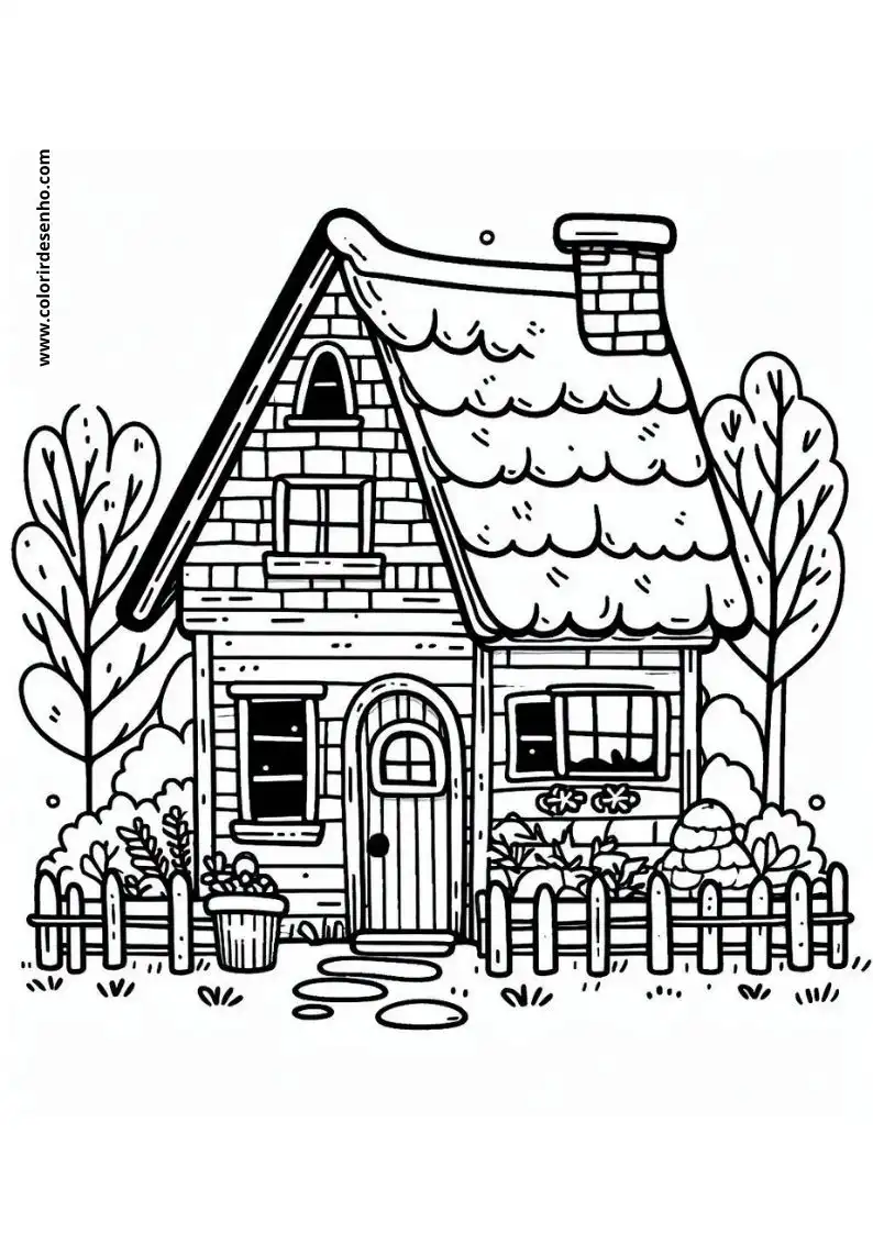 house has a thatched roof and chimney surrounded by trees and flowers in garden