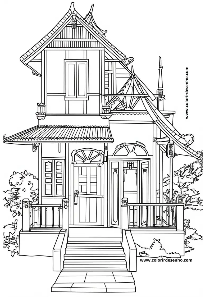 house has a traditional roof with decorative elements and a small porch