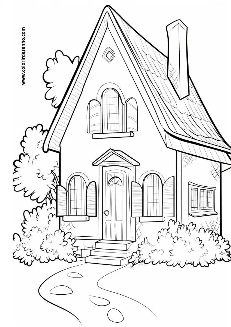 house has a triangular roof and chimney it s surrounded by bushes and trees