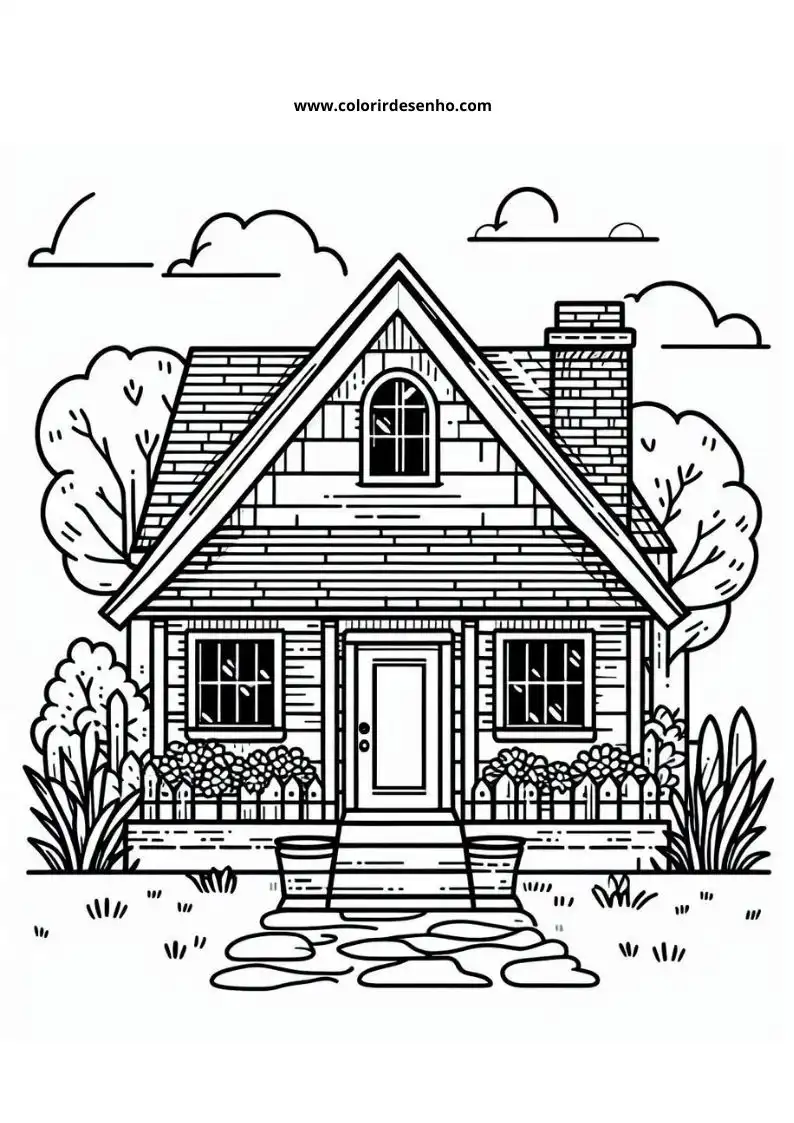 house has a triangular roof and chimney trees flank it on either side small