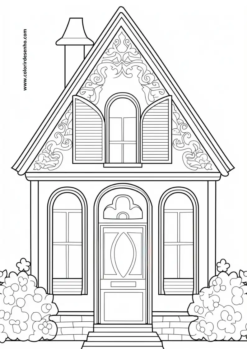 house has a triangular roof and decorative trim around windows and door