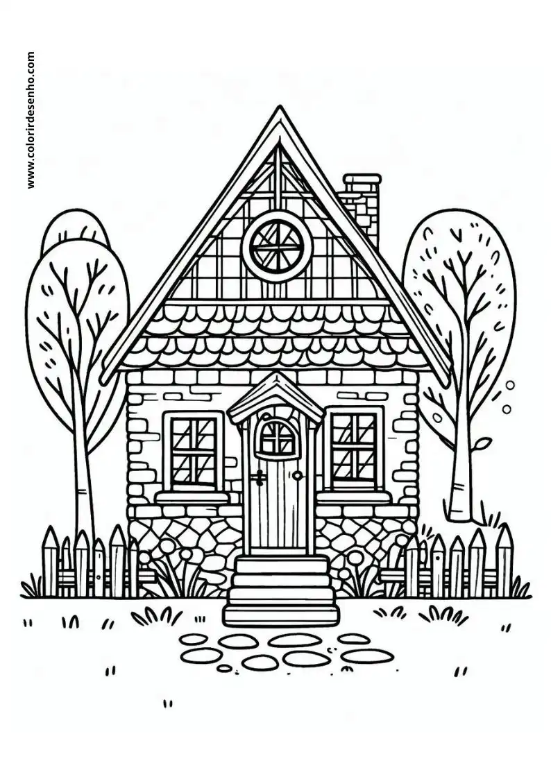 house has a triangular roof and stone walls trees are on either side