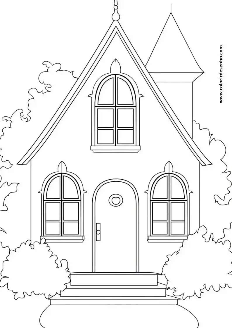 house has a triangular roof and three windows door has a heart shape