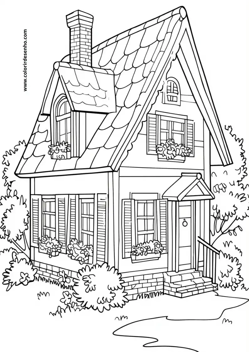 house has a triangular roof with two chimneys on opposite sides of its door