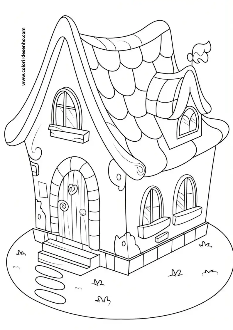 house has a triangular roof with two small chimneys house door is arched