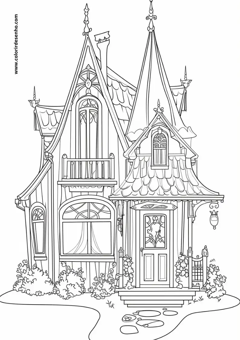 house has a victorian style roof and porch