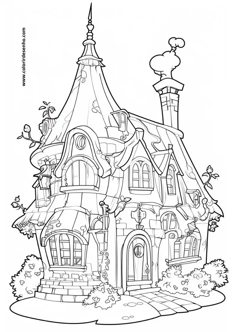 house has a whimsical design featuring a tall tower and a chimney it s