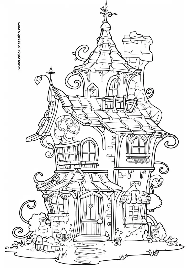 house has a whimsical design with intricate detailing and decorative elements