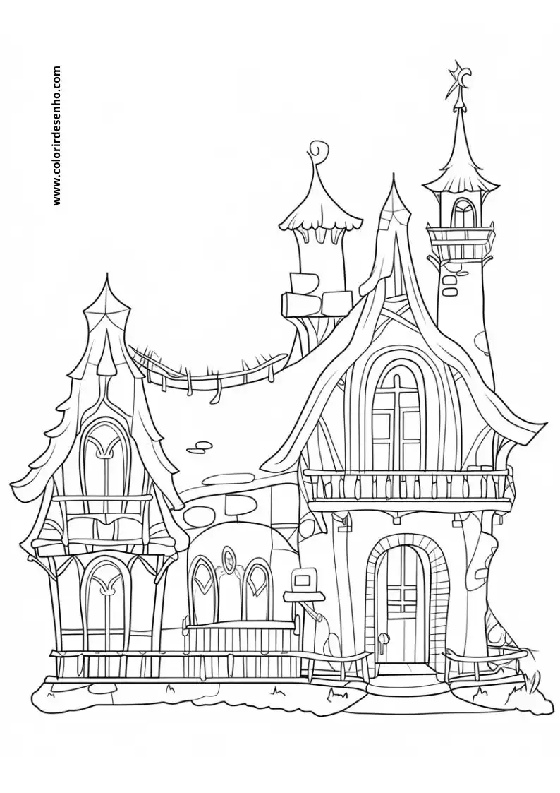 house has a whimsical design with multiple turrets and a tall tower