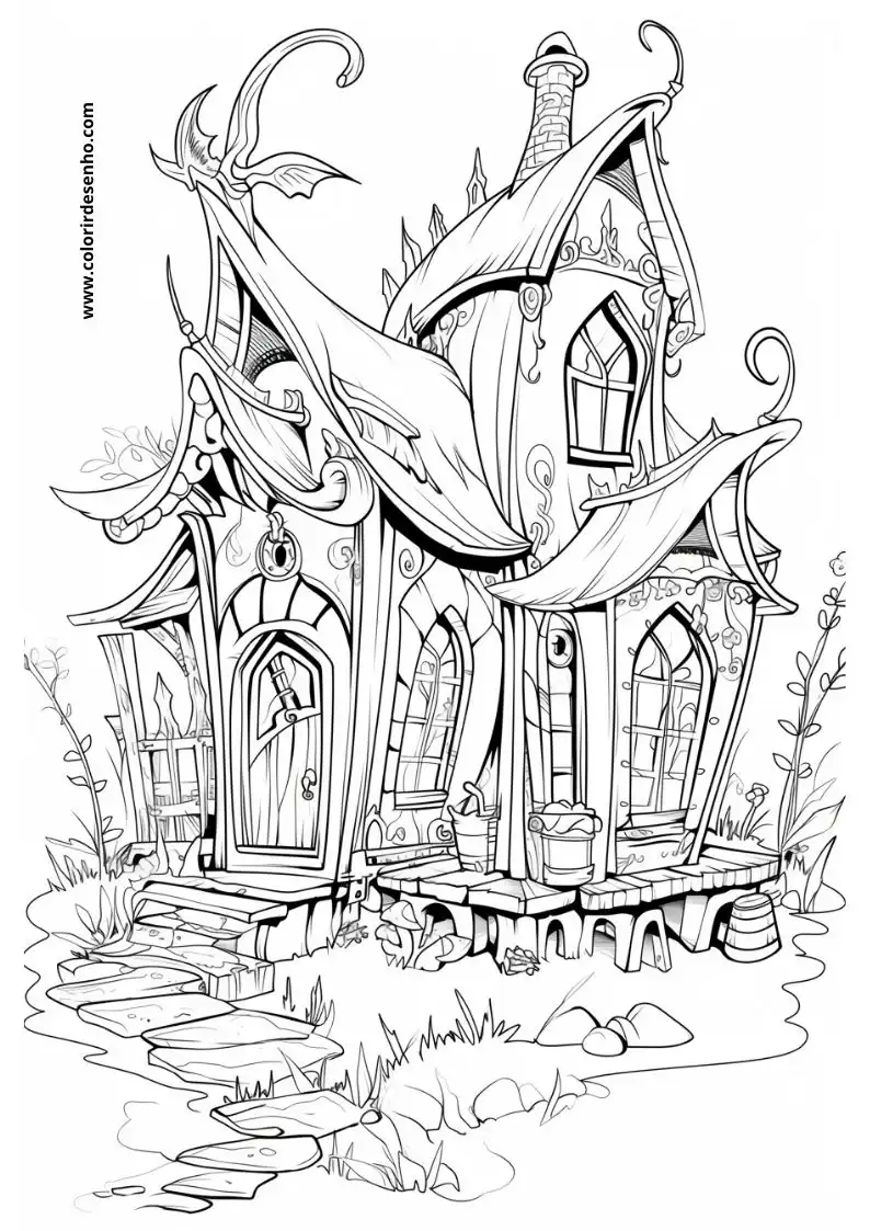 house has a whimsical design with pointed roofs and dragon wings it sits