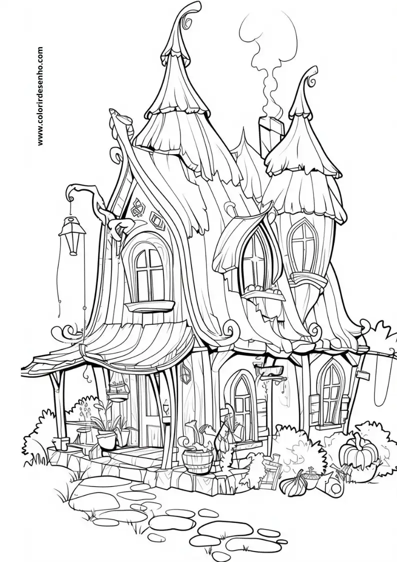 house has a whimsical design with tall spires and a lantern hanging from one