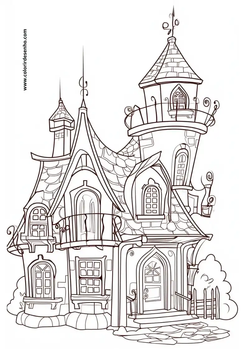 house has a whimsical fairy tale appearance with intricate details and decorative elements