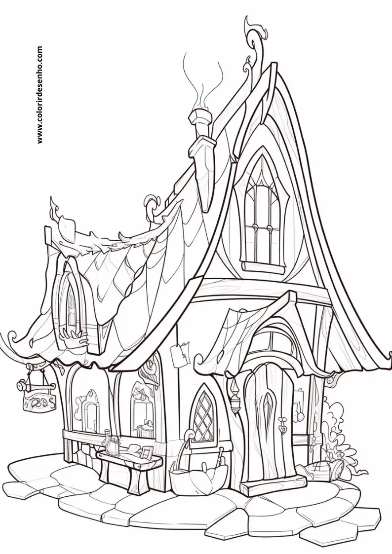 house has a whimsical mushroom like roof and chimney encircled by rocks and plants