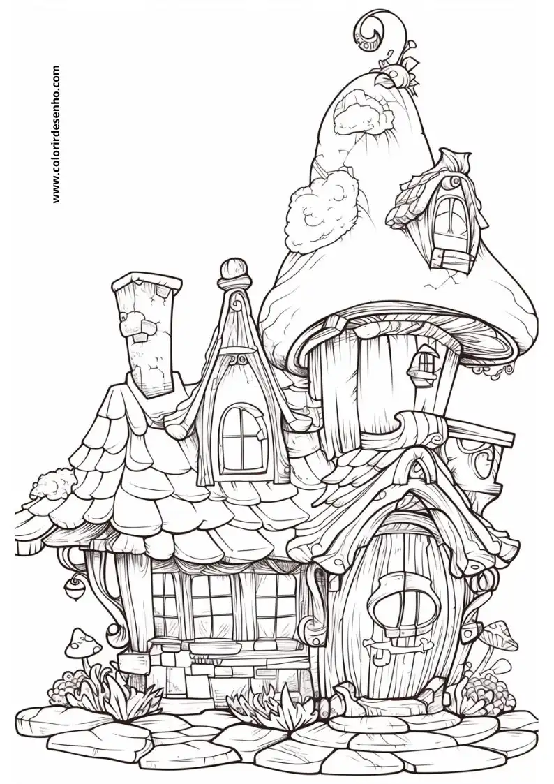 house has a whimsical mushroom like roof and chimney surrounded by rocks and plants