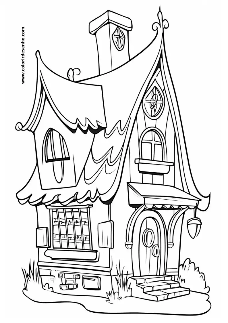 house has a whimsical mushroom like roof with a chimney on top surrounded by