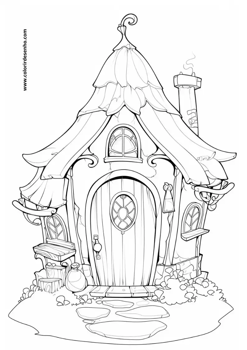 house has a whimsical roof and chimney house stands on grassy ground near