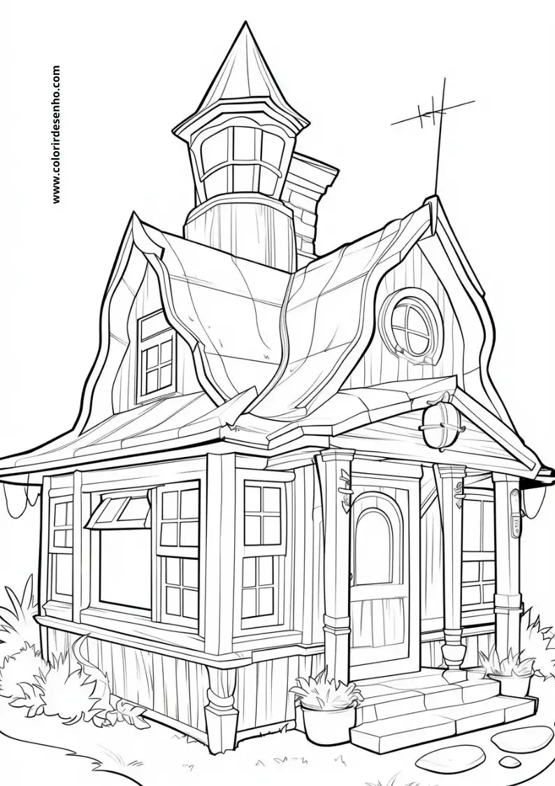 house has a whimsical roof and chimney surrounded by grass and flowers