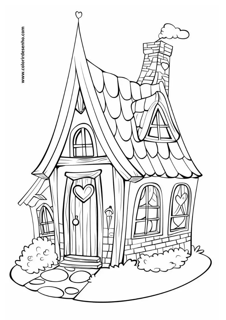house has heart shaped door and windows chimney emits smoke small bushes in front